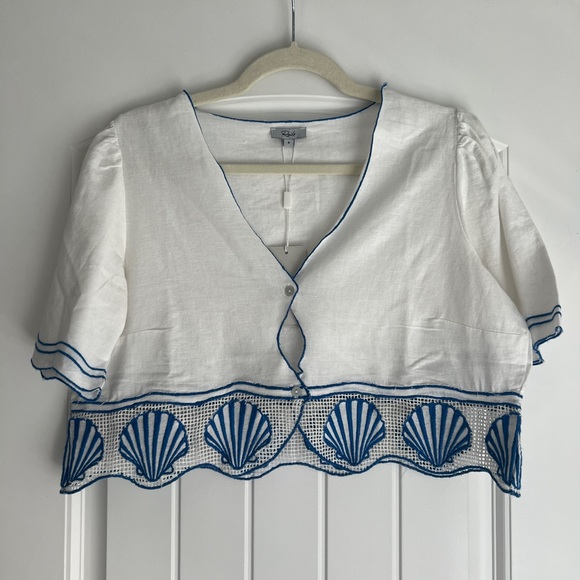 Rails White Crop Top with Blue Shell Embroidery - Picture 1 of 6